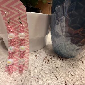 Chic Pink and White Beaded Earrings